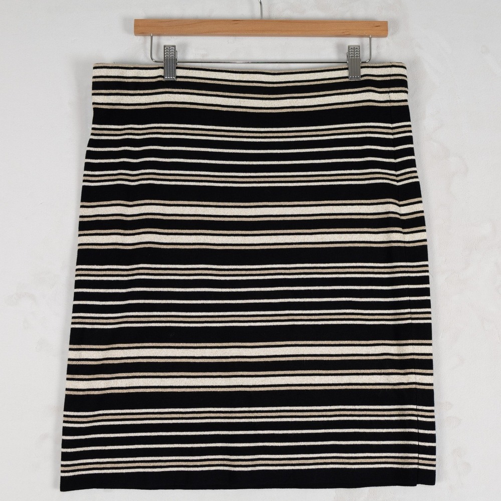 LOFT Outlet Skirt Women Size L Black White Tan Stripe Knit Midi‎ Casual Business